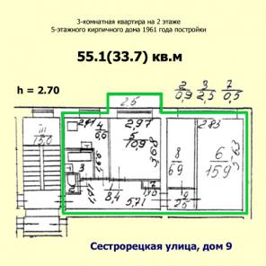 3-комнатная квартира 55м на Сестрорецкой улице (Приморский, МО Черная Речка) продается