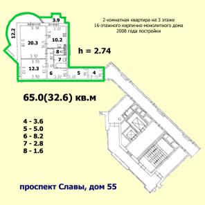 2-комнатная квартира 65м на проспекте Славы (Фрунзенский, МО 72) продается