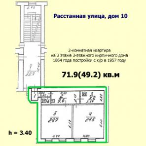Двухкомнатная квартира 71 кв.м на Расстанной улице